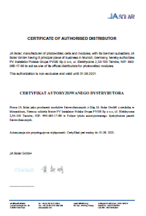 Certyfikat JaSolar dla PVGE